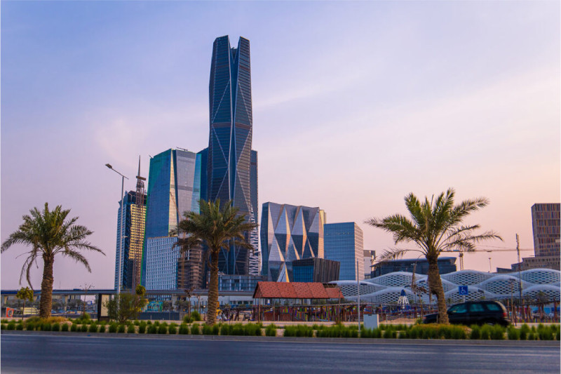 a city with tall buildings and palm trees